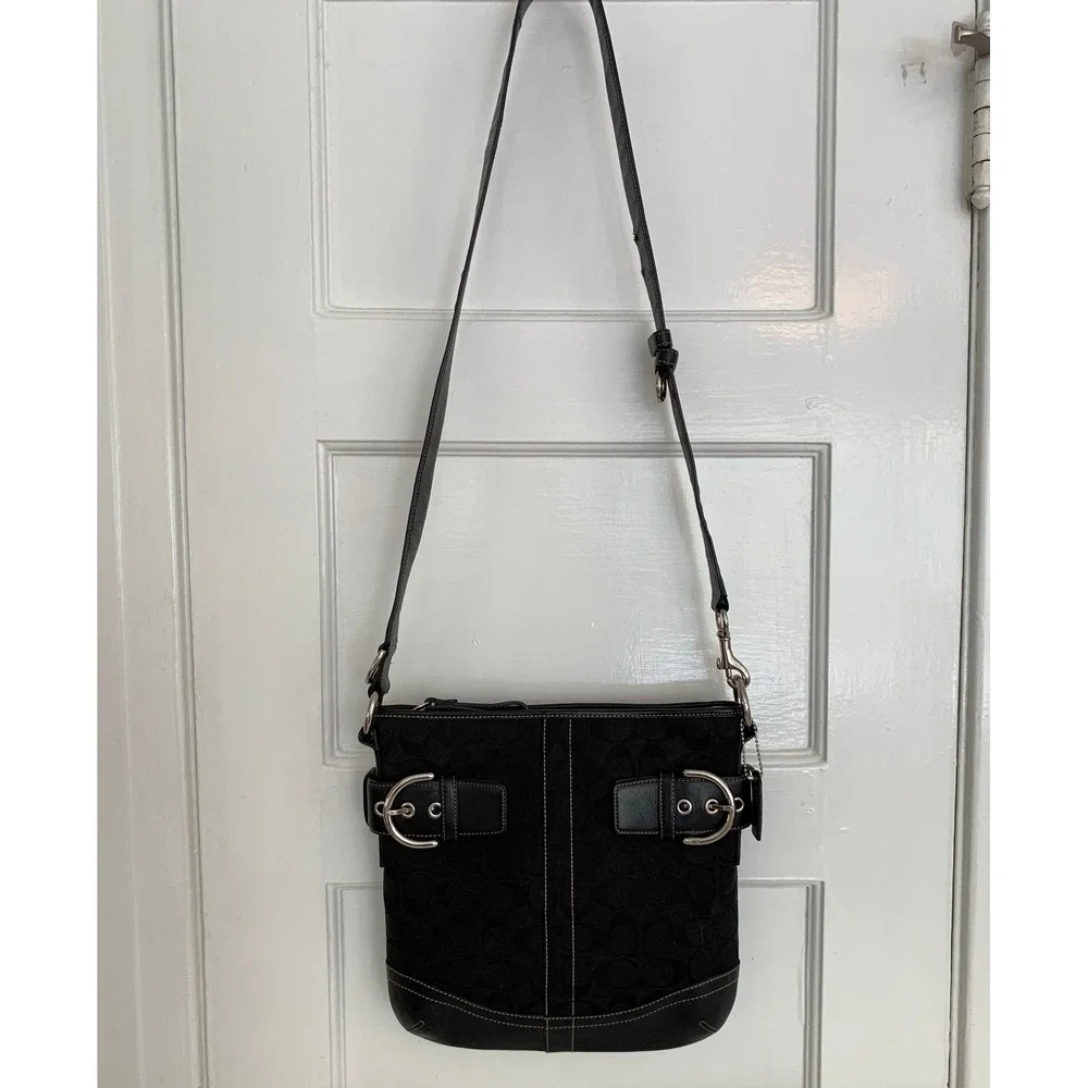 Vintage Coach Black Monogram Canvas Soho Duffle Shoulder Bag Silver Buckles - Picture 4 of 16